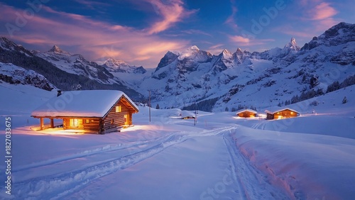Cozy wooden cabins light up the snowy landscape at twilight in a serene mountain valley under a colorful sky
