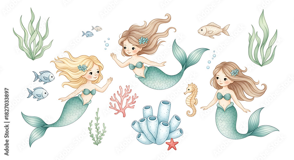Obraz premium Charming Trio of Mermaids Swimming Among Sea Life and Coral Reefs in an Underwater Scene