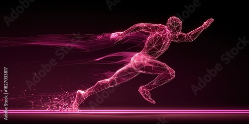 Dynamic figure representing speed and movement in a futuristic digital art environment with vibrant colors