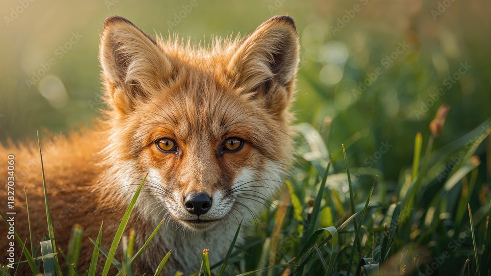 Naklejka premium A fox resting among tall green grass in a natural setting with a blurred background. Wildlife and nature scene. The fox's alert eyes and fur pattern highlight the wildlife theme.