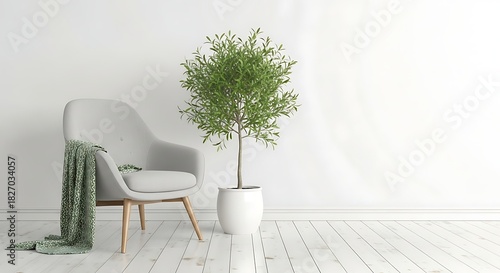 Modern interior design featuring minimalist chair throw blanket and potted tree against white wall background creating serene atmosphere