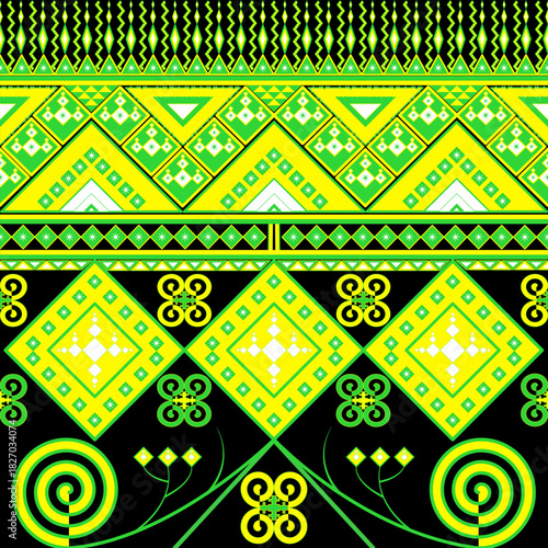 Green and Yellow Tribal Seamless Pattern Vector – Geometric Ethnic Boho Design