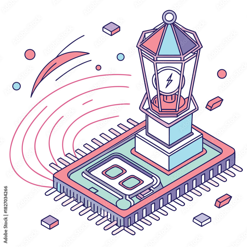 Naklejka premium Isometric Microchip with Lantern and Energy Waves Keywords: microchip, computer chip, processor
