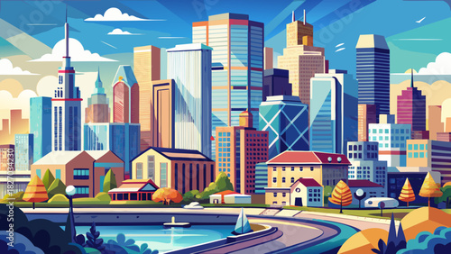 Very beautiful urban panorama featuring a modern cityscape with tall contemporary buildings, lively streets, balanced architecture, and a vibrant metropolitan atmosphere across a clear and welcoming 