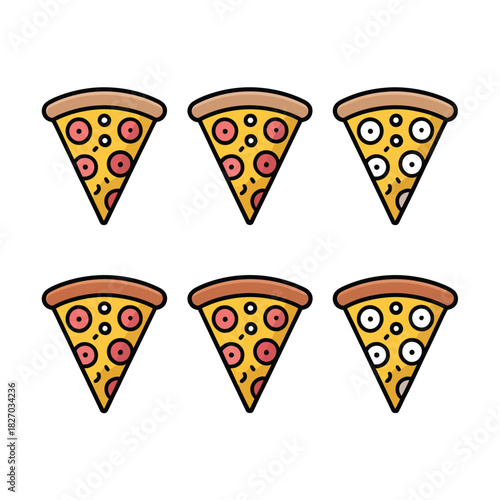 A colorful assortment of six pizza slices with various toppings is presented against a white background.