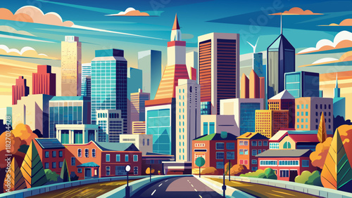 Very beautiful urban panorama featuring a modern cityscape with tall contemporary buildings, lively streets, balanced architecture, and a vibrant metropolitan atmosphere across a clear and welcoming 