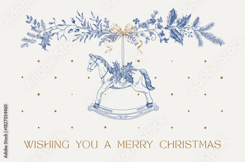 Greeting card. Floral winter garland and toy horse. Vintage christmas botanical illustration. Blue and white