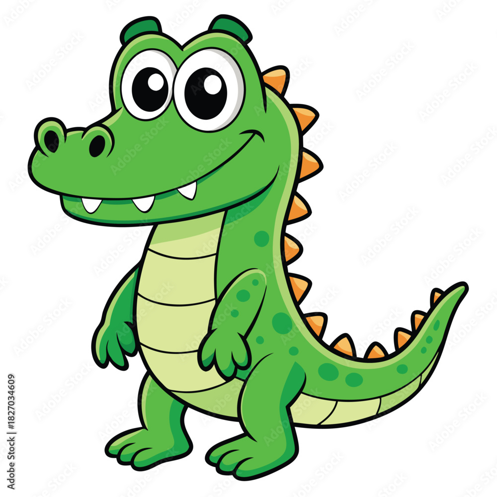 Fototapeta premium Smiling Cartoon Green Alligator with Orange Spikes on White Background