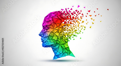 Colorful Brain Silhouette with Geometric Fragments, Representing Cognitive Concepts