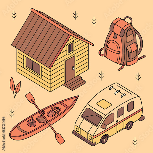 Isometric outdoor recreation and travel elements cabin