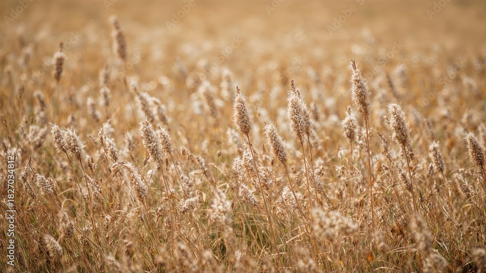 Fototapeta premium Field of tall, dry grasses in a golden landscape. Nature and environment, flora. The concept of grassland and natural scenery.