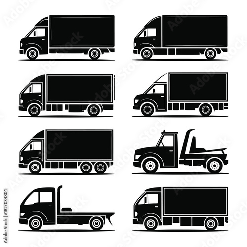 A collection of diverse truck silhouettes illustrates various transportation and logistics possibilities.