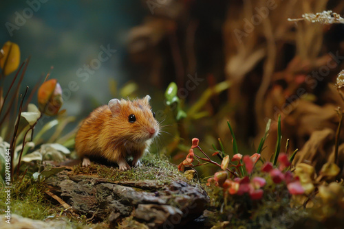 A small hamster moves through its natural habitat, surrounded by dry grasses, soil, and scattered seeds as it forages cautiously in the warm, low light of its environment