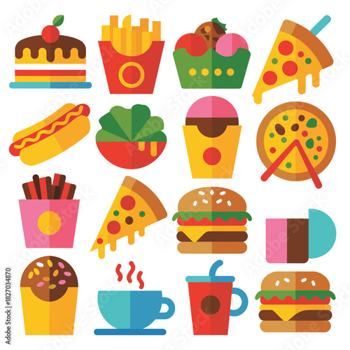 A vibrant collection of popular fast food icons arranged in a grid pattern.