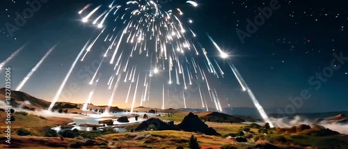 Vibrant Meteor Shower Illuminating a Serene Mountain Valley at Night