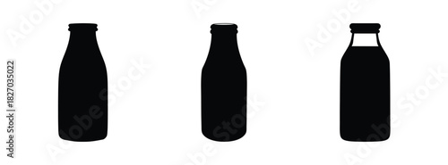 Stock vector illustration of three black silhouette bottles for beverage product design concept