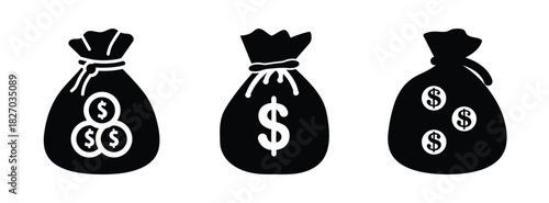 Three money bags vector illustration: financial wealth, savings, investment, and income concept design