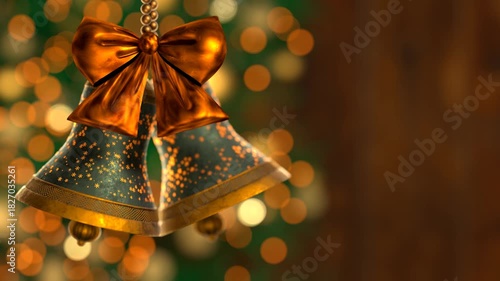 Christmas bells on fir-tree background 3D 4K looping animation. Xmas lights glow. Copy space.