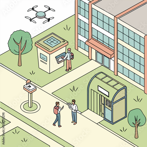 Isometric view of a campus with drone and smart kiosks Keywords: campus, isometric, drone, kiosk