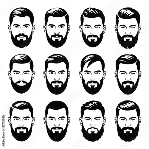 A collection of diverse beard styles and hairstyles for men.