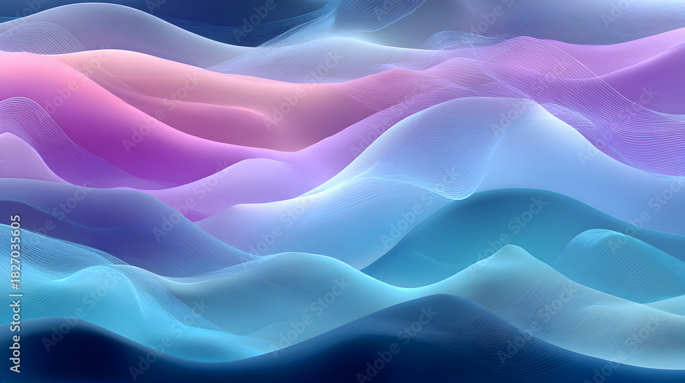 Obraz premium Pink and Blue smooth waves create a gradient with thin lines. Soft lighting offers an abstract background for branding, poster, or a template.