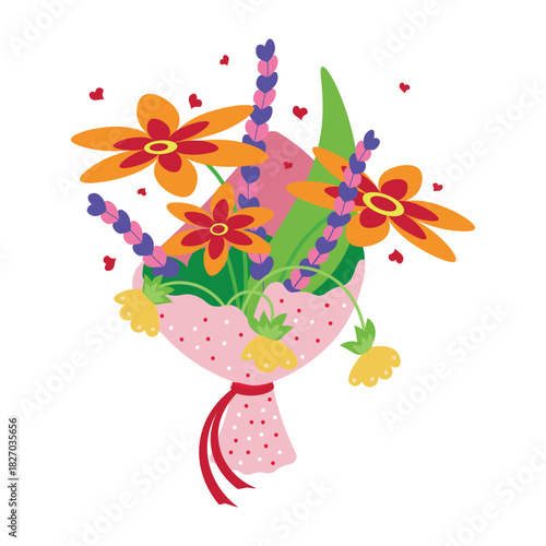 A stylized bouquet wrapped in gift paper. A bouquet with bright and colorful flowers. A bouquet with hearts for Valentine's Day. Vector illustration