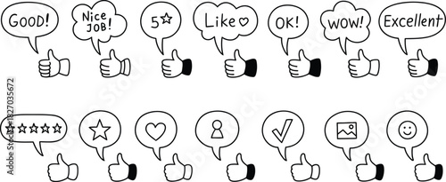 Positive expressions speech bubbles. Thumb up cute line doodle icon. Nice job, excellent, five star rate, wow, ok, like text. Social media post evaluation black and white 