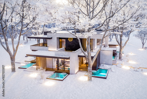 3d rendering of two-story house with parking and pool for sale or rent with concrete facade and beautiful landscaping on background. Cool winter day with shiny white snow