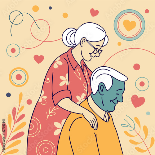 Loving elderly couple embracing with decorative elements