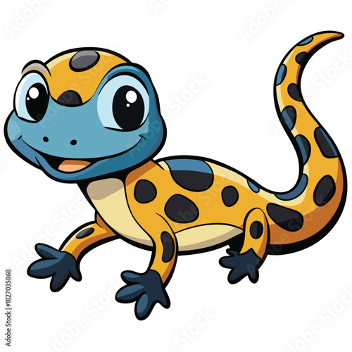 Smiling Gecko with Yellow Body, Blue Head on White Background
