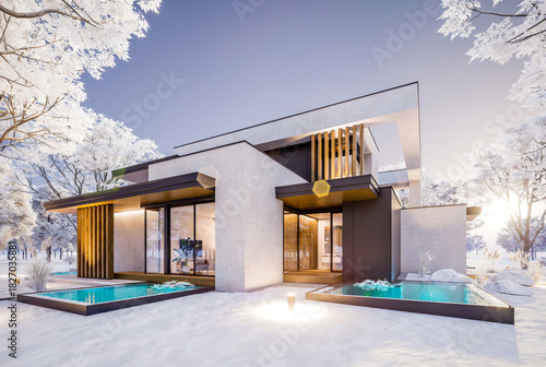 3d rendering of two-story house with parking and pool for sale or rent with concrete facade and beautiful landscaping on background. Cool winter day with shiny white snow