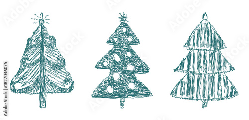 Christmas trees set, abstract doodle vector drawings on white background