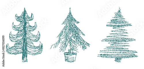 Christmas trees set, doodle abstract vector drawings on white background