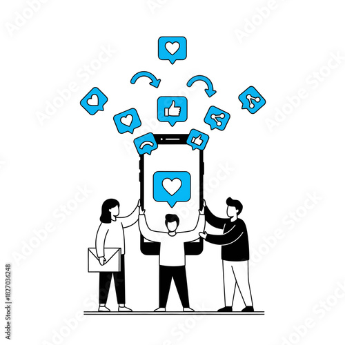 Team celebrating social media growth with phone, icons of likes and shares swirling around, symbolizing success and community engagement online