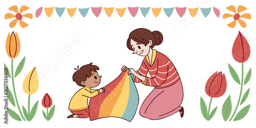 Mother and toddler playing peekaboo with tulip border