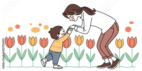 Mother and toddler playing peekaboo with tulip border