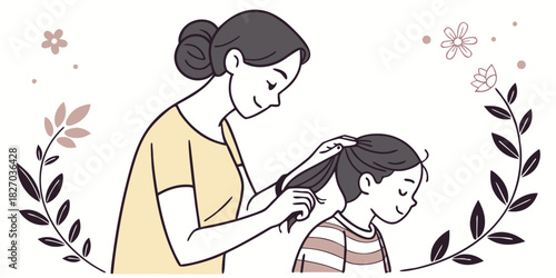 Stylized sketch of mom brushing daughter’s hair with floral accents
