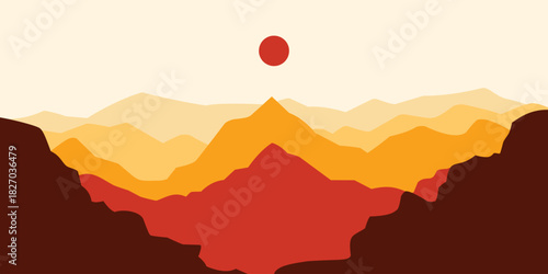 sunset landscape mountains vector illustration desktop wallpaper minimal nature background vintage backdrop design