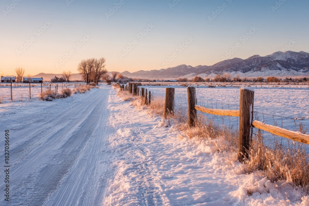 Fototapeta premium Winters Embrace - A Snowy Path to Mountain Majesty.