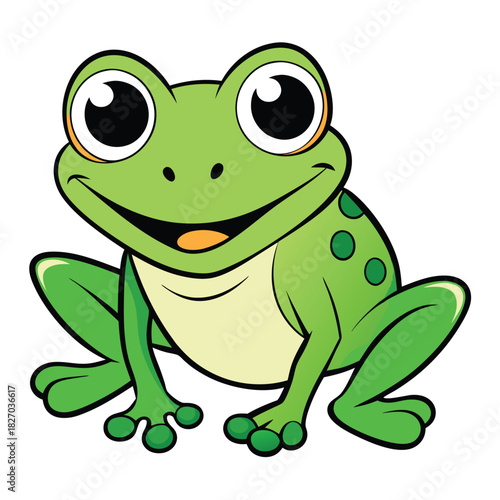 Smiling Green Frog Cartoon with Big Eyes on White Background