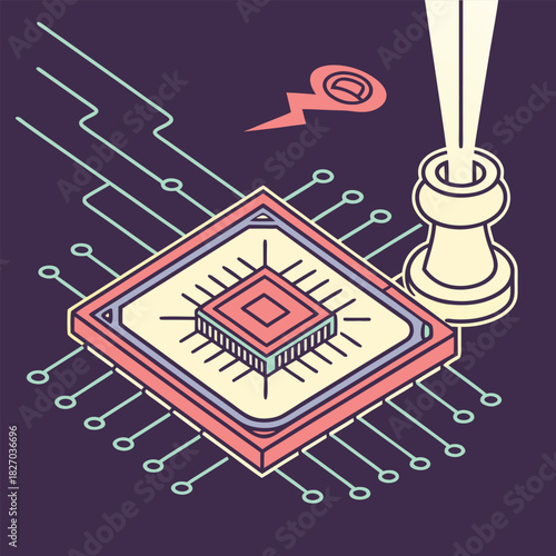 Microchip with Chess Piece and Lightning Bolt processor