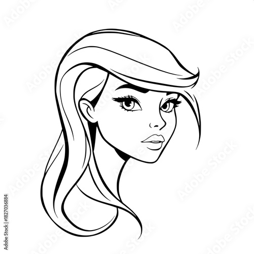 Black and white stylized depiction of a young woman with long, sweeping hair lines that cascade down her back, expressive eyes with defined eyelashes and eyebrows, a slender nose, and full lips, rende
