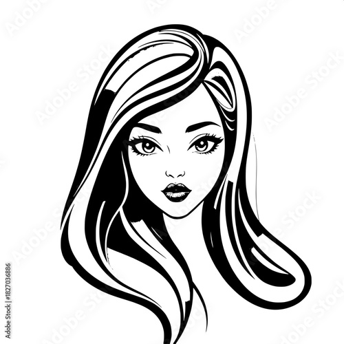 Black and white stylized depiction of a young woman with long, sweeping hair lines that cascade down her back, expressive eyes with defined eyelashes and eyebrows, a slender nose, and full lips, rende