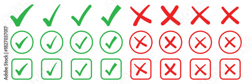 Artistic grungy hand-drawn check and cross icon set.