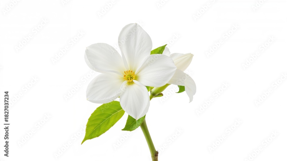 Fototapeta premium Blooming white flower with green leaves and stem.