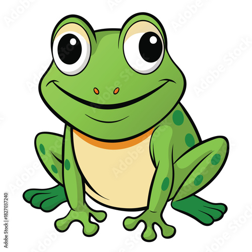 Smiling Cartoon Green Frog Character with Big Eyes on White Background