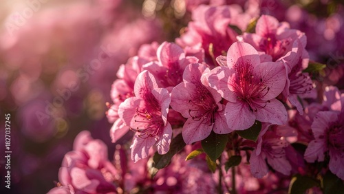 Pink azaleas in full bloom with sunlight, showcasing vibrant flowers and lush foliage. Springtime nature scene featuring flowering plants and blooming azaleas.