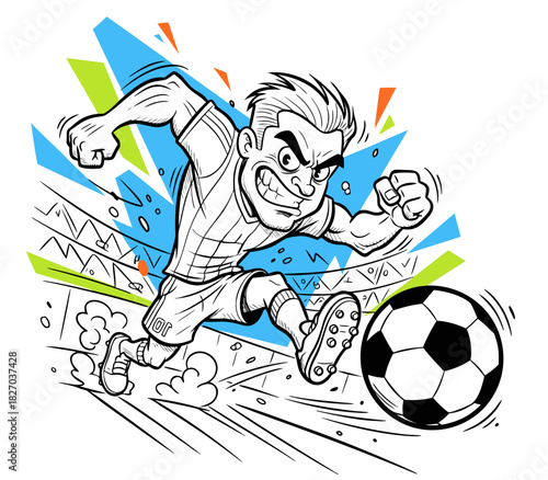 Action comic-style soccer player shooting ball with speed and intensity.