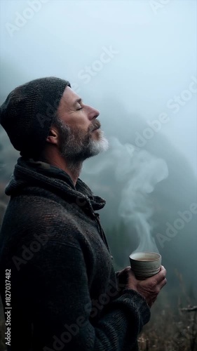 Man enjoying steaming coffee with mindful serenity in misty mountain landscape view. Vertical video