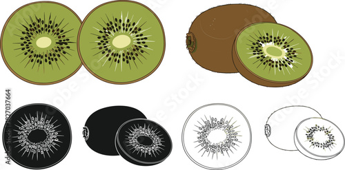 Colored, Black Silhouette, and Outline Vector Illustrations of Whole and Sliced Kiwi Fruit, Representing Healthy Eating, Organic Food, Diet, and Fruity Dessert Concepts